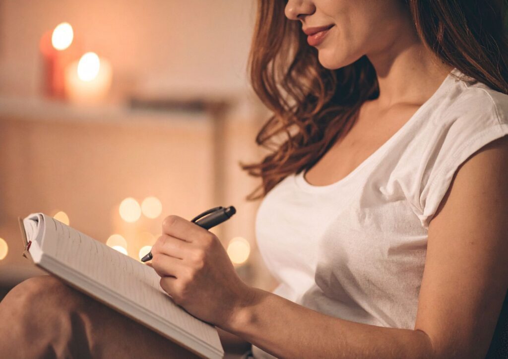 Woman journaling in warm light, reflecting on purpose and daily ikigai.
