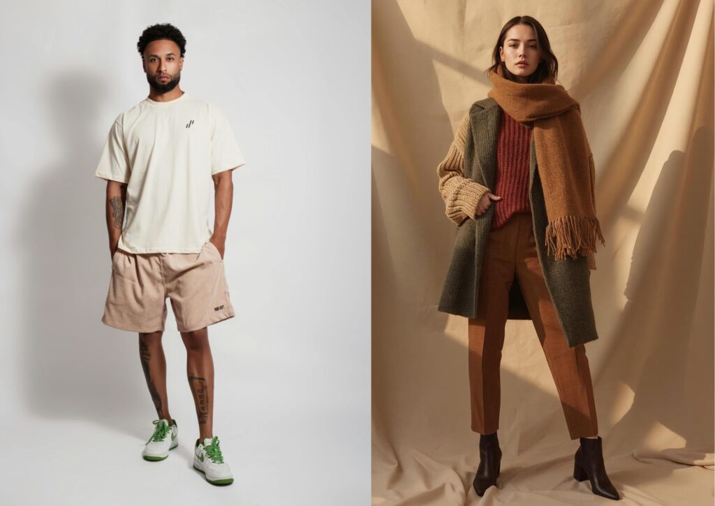 Two individuals dressed for different seasons — one in shorts and a T‑shirt, the other in a coat and scarf — illustrating contrasting reactions to temperature.