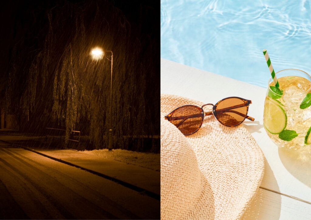 Split image showing a snowy winter night with a streetlamp on the left and a bright summer poolside drink on the right, highlighting seasonal contrast.