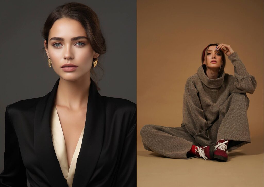 A split image showing a formal outfit on one side and a relaxed, comfortable outfit on the other, highlighting the contrast in style.