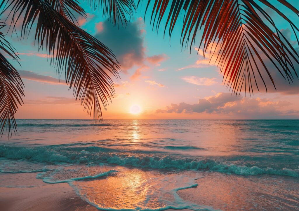 A peaceful tropical beach at sunset with palm fronds framing the sky, symbolising freedom, rest, and the life people dream of outside the rat race.